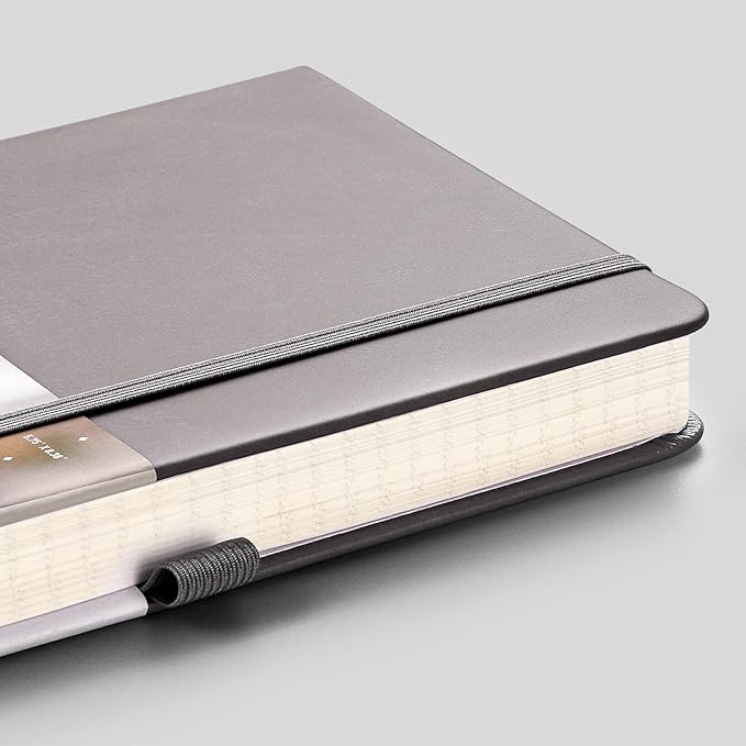 EMSHOI Dotted Notebook - 256 Pages A5 Dot Grid Journal Bullet Notebook with 120gsm Thick Dotted Paper,16 Perforated Pages, Hardcover Leather, Pen Holder, Inner Pocket, 5.75'' × 8.38''-Dark Grey