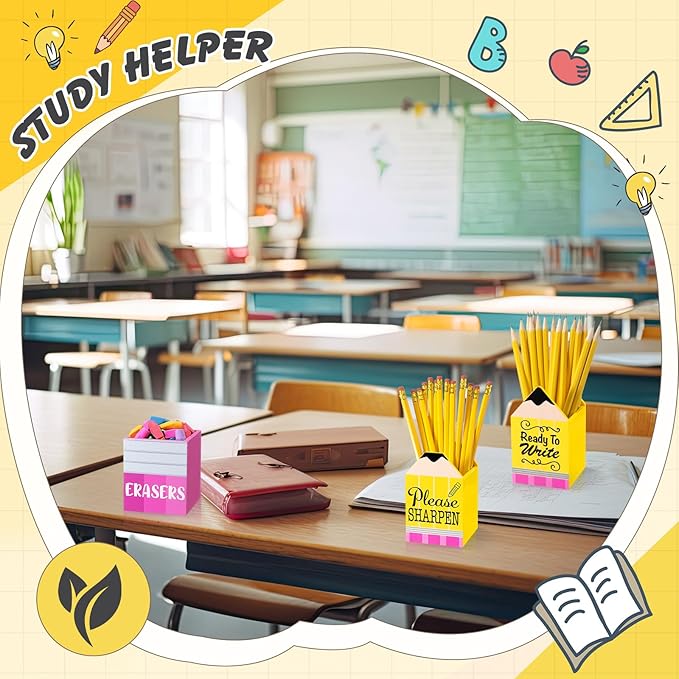 3 Pcs Sharp and Dull Pencil Holder Eraser Buckets Wooden Shaped Dispenser Finished Pen Holder No DIY for Back to School Teachers Classroom Management(Classic)