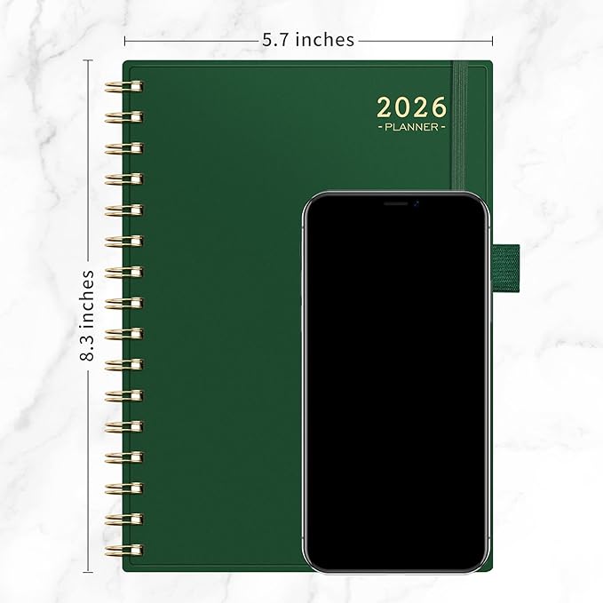 RETTACY 2026 Planner, Weekly and Monthly, Medium Size (5.7" x 8.3"), Jan - Dec 2026, Agenda, Calendar, 12 Month Tabs, Flexible Plastic Cover, 100 GSM Thick Paper, Spiral-bound (Dark Green)