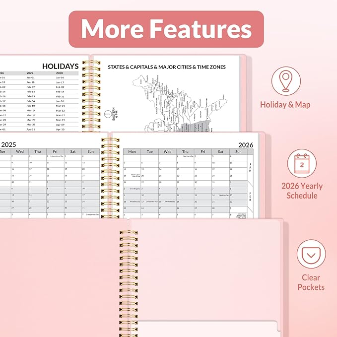 SUNEE 2026 Weekly and Monthly Planner - from January 2026 - December 2026, 8.5"x11" Daily Agenda Planner with Monthly Tab, Flexible Cover, Note Pages, Pockets, Bookmark, Spiral Binding, Pink