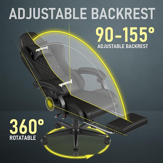 Gaming Chair,Ergonomic Computer Chairs for Adults with Footrest, PU Leather Office Chair with Adjustable Lumbar Support & Pocket Spring Cushion - Heavy Duty 400lb Capacity Gamer Chair(Black)