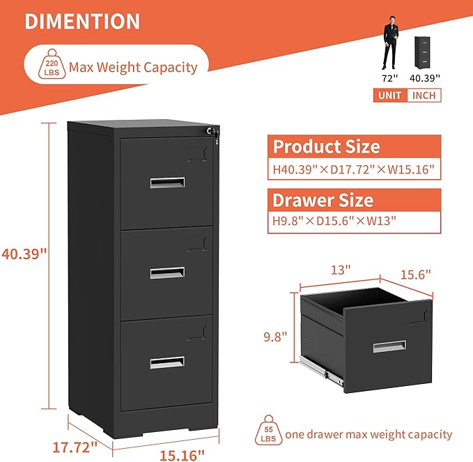 3 Drawer Metal File Cabinet with Lock Heavy Duty Locking File Cabinets Home Office Steel Filing Cabinet Vertical File Cabinets for Legal/Letter Size File,Assembly Required