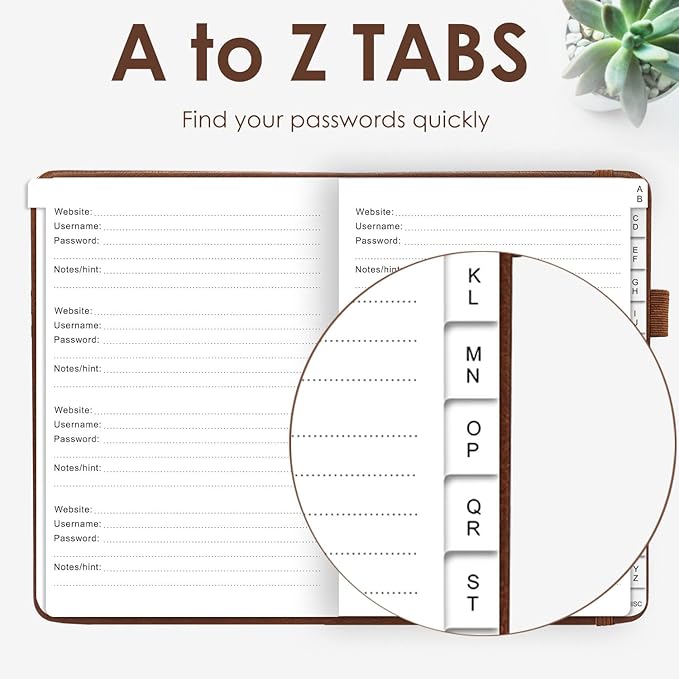 Elegant Password Book with Alphabetical Tabs - Hardcover Password Book for Internet Website Address Login - 7" x 10" Password Keeper and Organizer w/Notes Section & Back Pocket(Brown)
