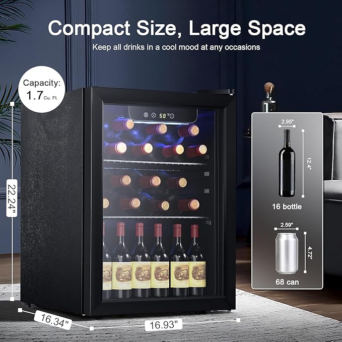 Antarctic Star Wine Cooler, Beverage Refrigerator,16 Bottle 68 Can Freestanding Wine Cellar Front Glass Door for Home and Bar, Digital Temp Control, Blue LED, 1.7 Cu.Ft.
