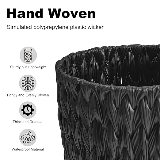 Wicker Trash Can,Small Trash Can,Handwoven Waterproof Wicker Trash Basket,Round Garbage Can,Compact Waste Basket for Bathroom,Bedroom,Office,2 Gallon Black