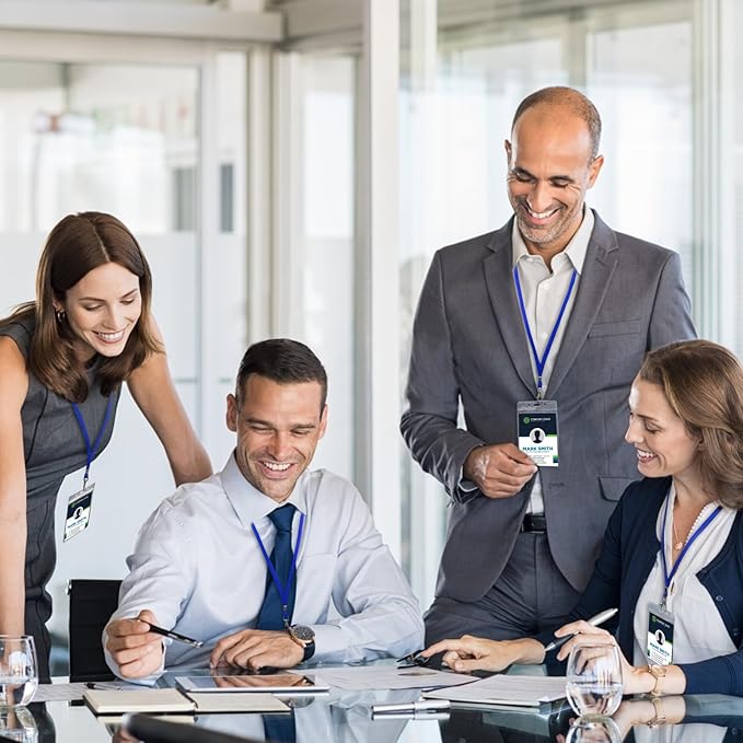 Fushing 50pcs Clear Plastic Vertical Name Tags Badge ID Card Holders and Blue Neck Lanyards with Swivel Hook for School, Festival, Event (XL)