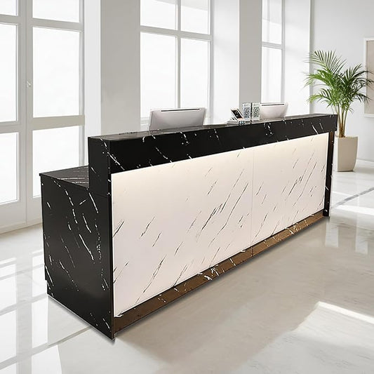 Modern Reception Desk Front Desk with LED Strip Lighting, Lockable Drawers, and Versatile Storage for Office, Checkout (White + Black Maple/Storage Type, 70.87" L*23.62" W*39.37" H)