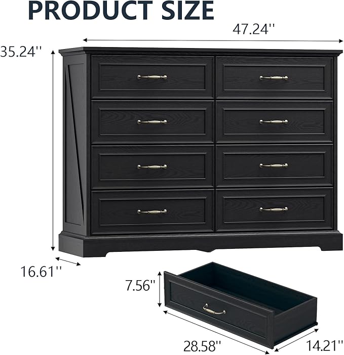 8 Drawer Dresser for Bedroom, 47" Wide Wooden Chest of Drawers, Rustic Farmhouse Dresser with Large Drawers & Metal Handles, Modern Storage Organizer for Closet, Living Room, Hallway, Black