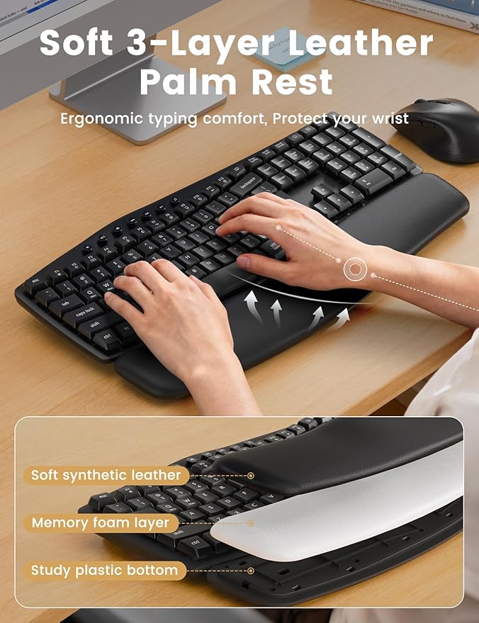 Quiet Wireless Keyboard and Mouse Combo, 30dB Silent Full-Size Ergonomic Keyboard Set with Wave Keys & Soft Palm Rest, Dual-System Switch for Windows/Mac, Ideal for Business Teams Home Office—Sablute