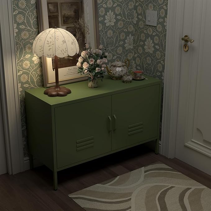 TV Stand with Storage,Metal Cabinet with Doors,TV Console with Storage with Adjustable Shelf,Morden TV Cabinet for Bedroom,Living Room,Avocado Green