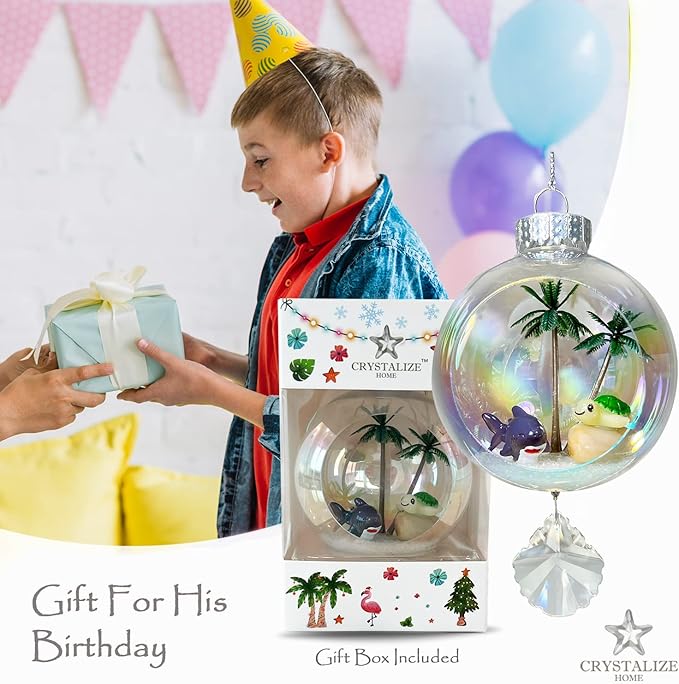 Shark & Turtle Christmas Ornament - Handmade Shatterproof Decorations for Indoor Outdoor Xmas Tree - Clear Ball Ornaments with Magnetic Crystal - Great Gift or Stocking Stuffer for Mom, Sister, Friend