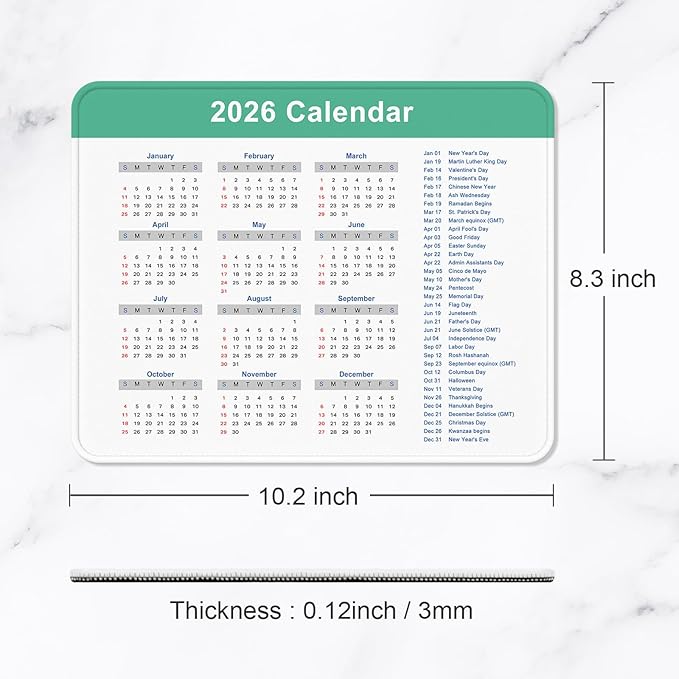 2026 Calendar Mouse Pad, Square New Year 2026 Mousepad 10.2 x 8.3 Inch, Stitched Edge Anti-Slip Waterproof Rubber Computer Mat for Office, Gaming, Laptop, New Year Office Supplies Gift, Green