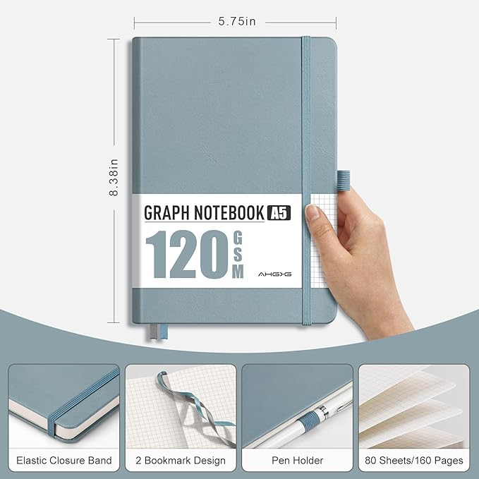 AHGXG Graph Paper Notebook - Grid Notebook Journal A5, 120 GSM Thick Graph Paper, 160 Pages, Leather Hardcover, for Graphing, Writing, Math, Engineering, 5.75'' × 8.38''- Gray Blue