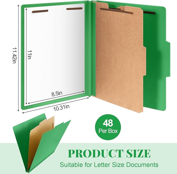 Skyygemm 48 Pcs Classification Folders Letter Size, 1 Divider Pressboard File Folder with Fasteners, Expanding File Organizer Bulk for Teachers, Clergy, Office, Church, Christmas Donations (Green)