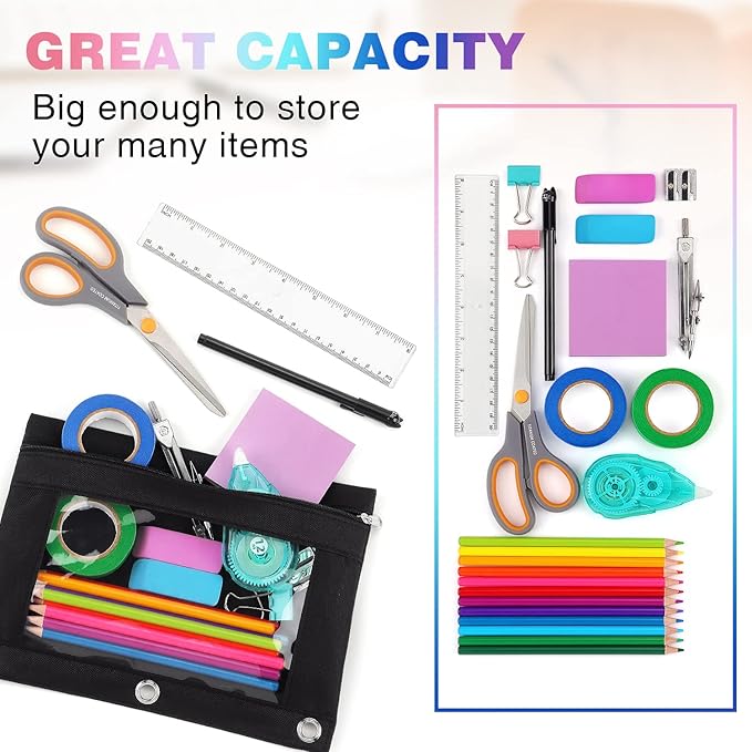 Tamaki 3 Ring Binder Pencil Pouch, Clear Window Pencil Case, Black, 3 Pack