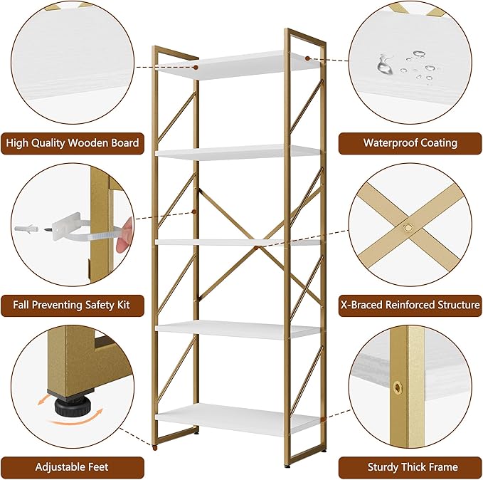 Shintenchi 2 Pieces 5 Tiers Bookshelf, Classically Tall Bookcase Shelf, Industrial Book Rack, Modern Book Holder in Bedroom/Living Room/Home/Office, Storage Rack Shelves for Books/Movies-Gold