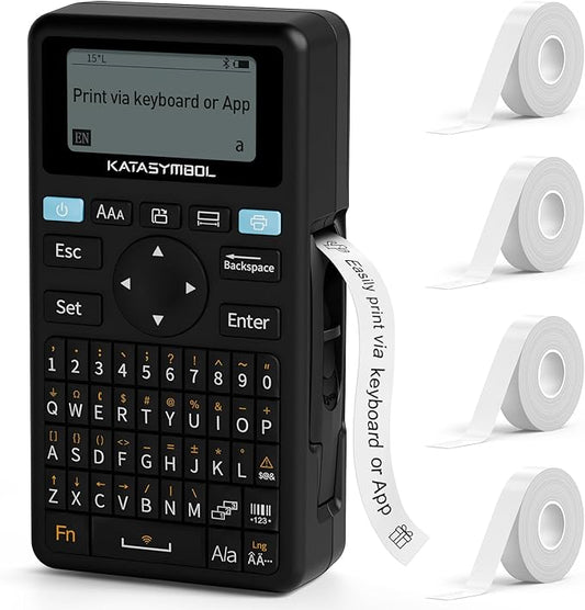 SUPVAN E11 Bluetooth Label Maker Machine with 4 Tapes, Support Keyboard & App with 40 Fonts and 450+ Icons, Rechargeable Inkless Labeler for Home, Kitchen, Office, School Organization, Black