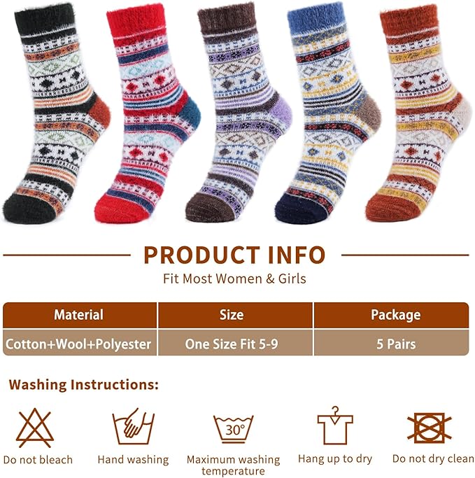 ICEIVY 5 Pair Fuzzy Cozy Socks for Women - Warm Comfy Soft Casual Home Sleep Winter Wool Socks - Gifts for Women