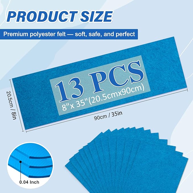 XSEINO 13 Rolls Blue Felt Fabric,8"x35"(20.5x90cm) 1.4mm Thick Soft Felt Fabric Sheet for Crafts,Blue Series Colors Soft Nonwoven Fabric,Fit for Decoration, Sewing, DIY Crafts