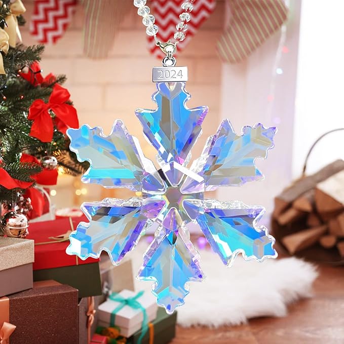2024 Annual Edition Snowflake Crystal Christmas Ornaments,Christmas Tree Ornaments Crystal Sun Catcher Home Hanging Decor (14-Colorful)