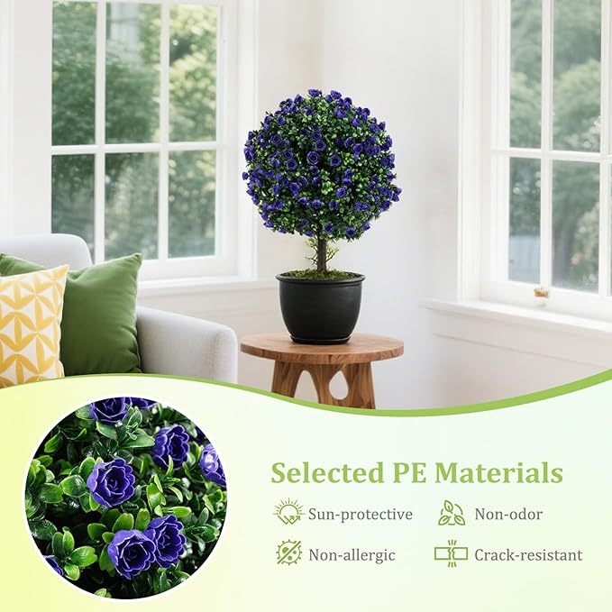 Goplus 22'' Artificial Purple Rose Topiary Ball Tree, Set of 2 Faux Potted Plants Artificial Shrubs Bushes with Flowers, Fake Evergreen Boxwood Topiary for Indoor Outdoor Home Front Porch Decor