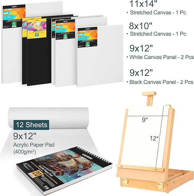 VISWIN 62 Pcs Acrylic Paint Set with Easel Box, Painting Kit with 24 Acrylic Paints, Canvases, Brushes, Palette, Paper Pad, Art Supplies, Art Set Gift for Adults, Kids, Beginners, Artists