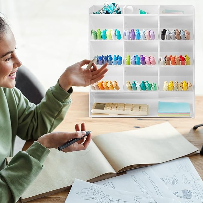 Acrylic Pen Organizer Storage for 150 Markers Vertical Marker Organizer Acrylic Pen Display Holder for Office Desk Desktop Stationery Pencil Storage, White, 10.2 x 4 x 9.8 Inch