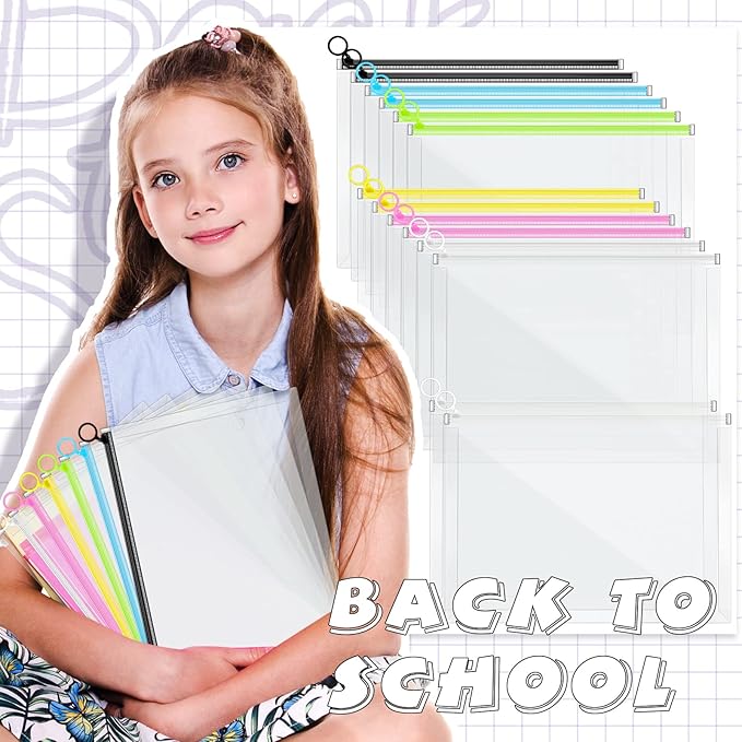 Yexiya 14 Pcs Back to School Clear Plastic Zip Envelope A4 Zipper Document Folder 13 x 9.7In File Folder Expanding Envelope Pouch for Paper Pencil Storage Office Supplies (Stylish Colors)