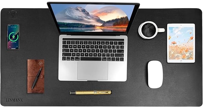 Wireless Charging Mouse Pad with for Desktop Charging Large Desk Mat 32"x16" Waterproof Black Leather Computer Mat Mousepad Non-Slip Protector on Top of Desks for Keyboard and Mouse(Black-L)