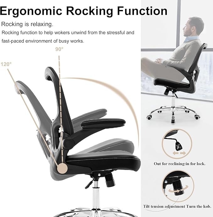 Office Chair, Mesh Ergonomic Desk Computer Chair with PU Leather Flip-up Armrest, Home Task Chair with Lumbar Support, Adjustable Executive Mid Back, Rolling Swivel,Black