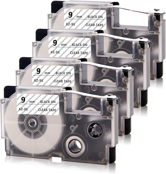 Absonic 4-Pack Compatible for Casio XR-9X XR-9X2S XR9X XR9X2S 9mm 0.35" Black on Clear Label Tape for KL-60 KL-100 KL-120 KL-430 KL-750 KL-780 KL-820 Label Maker, 3/8" x 26'