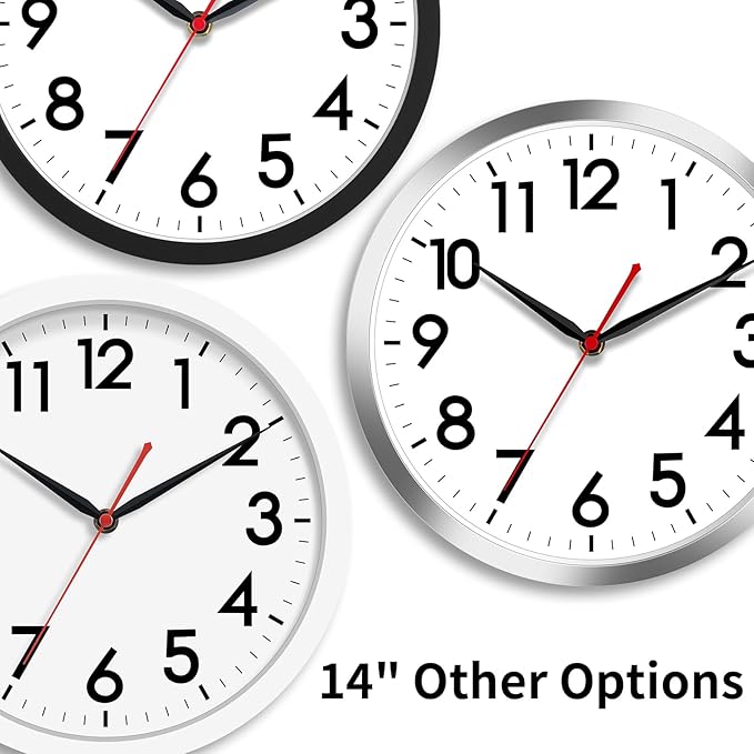 AKCISOT Wall Clock 14 Inch Large Silent Wall Clocks Battery Operated, Silver Modern Non-Ticking Clock Decorative for Living Room,Kitchen,Bathroom,Bedroom,Office,Home,Classroom,School