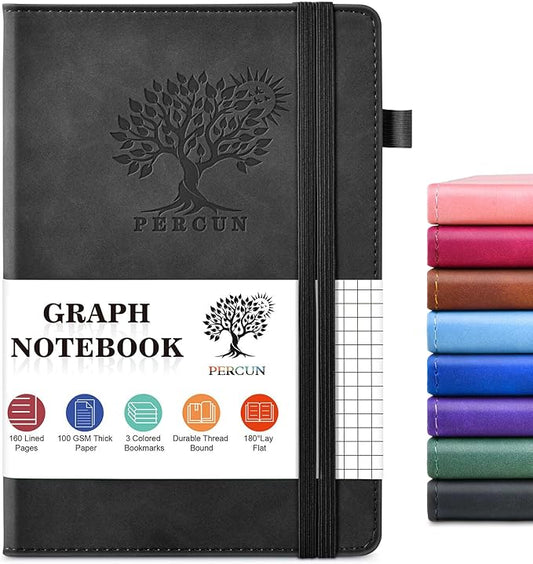Graph Paper Notebook, 160 Pages Grid Journal for women & men, A5 Hardcover Leather Graphing Notebook for School, Work, Travel, Note Taking 5.9”x8.5” (Black)