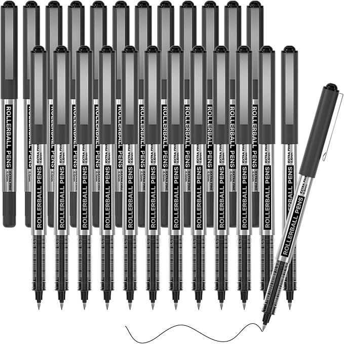 Shuttle Art RollerBall Pens, 25 Pack Black Fine Point Roller Ball Pens, 0.5mm Liquid Ink Pens for Writing Journaling Taking Notes School Office