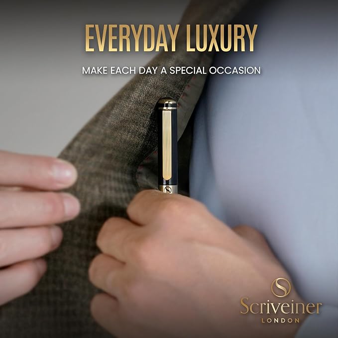 Scriveiner Black Lacquer Ballpoint Pen -Stunning Luxury Pen, Real Gold Plating, Schmidt Black Refill, Best Gift Set for Men & Women, Professional Executive Office, Nice Fancy Designer Pens