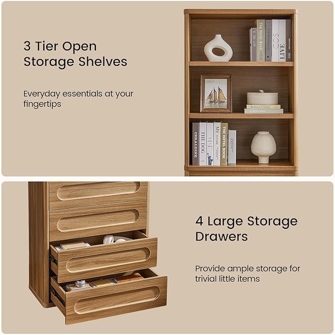 Bookcase with 4 Drawers, 72.1" Tall Bookshelf with 3 Storage Shelves, Large Bookshelves Cabinet for Living Room, Bedroom, Home Office (Oak Brown)