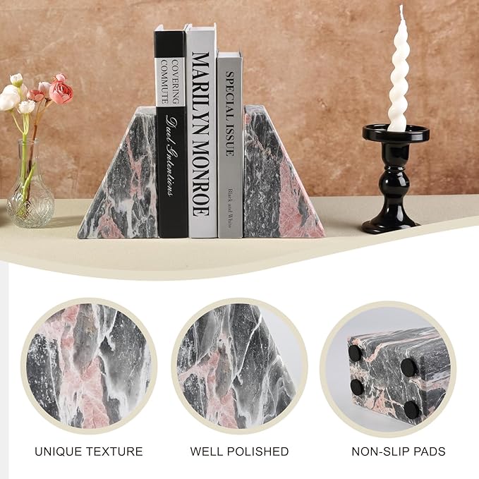Koville Marble Bookends for Shelves, Large Bookends for Heavy Books, Natural Stone Book Stopper for Books CD Movies, Aesthetic Decorative Book Ends (Grey&Pink)
