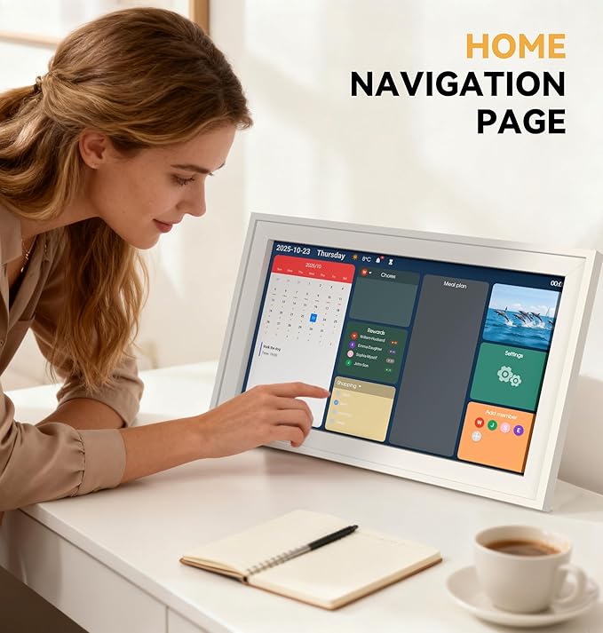 Yofidra Digital Calendar, 15.6" Smart Electronic Calendar with Chore Photo Meal Reward To-do Chart, Wall & Desk Planner for Family Schedule, Wifi Interactive Touchscreen Display with Stand, White