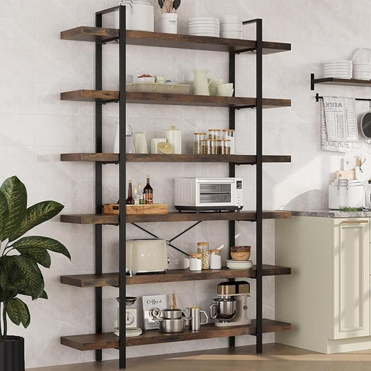 6 Tier Bookcase, 47 Inch Wide Wood Bookshelf, 120lbs Shelf Capacity, Rustic Open Shelving Industrial Display with Reinforced Horizontal Brown Shelves for Living Room Bedroom Office