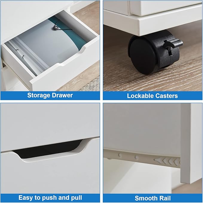 Farini 3-Drawer Vertical Filing Cabinet Rolling Wood Mobile File Cabinets Under Desk for Home Office with Casters (White, Fully Assembled)