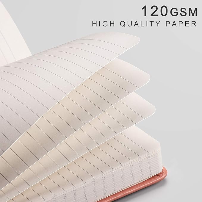 EMSHOI College Ruled Notebook-120gsm Thick Paper, 256 Numbered Pages Lined Journal for Women, 16 Perforated Pages, Faux Leather Hardcover, Inner Pocket, Pen Holder, A5 Medium 5.75" x 8.38"-Pink