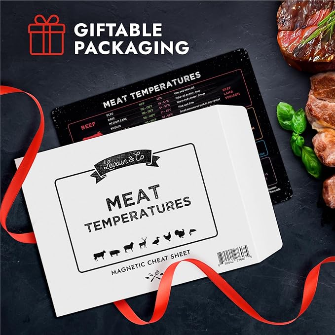 Levain & Co Meat Temperature Magnet - Beef, Poultry, Fish & Pork Cooking Chart - Horizontal - Meat Temp Magnet Kitchen Tools Cooking Gadgets - Fridge Accessories