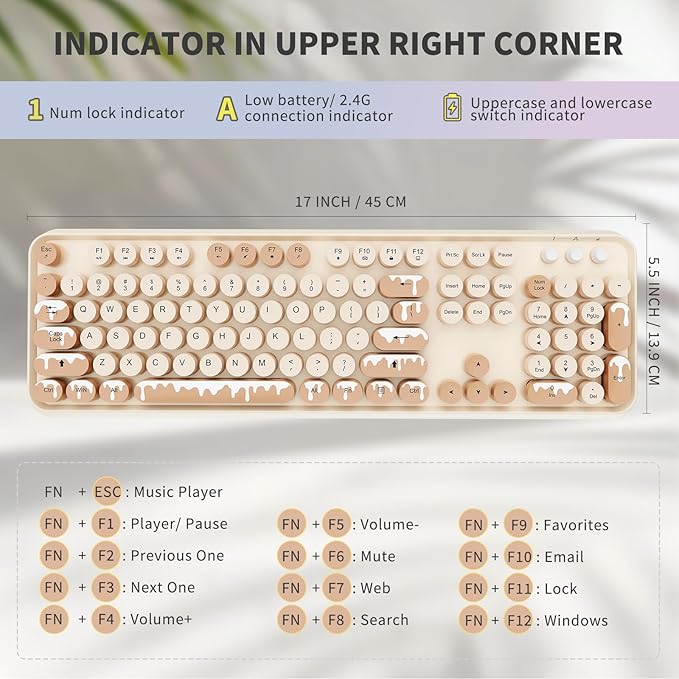 Wireless Keyboard and Mouse Combo, 2.4 GHz Wireless Full-Sized Typewriter Keyboard with Round Keycaps for Windows, Computer, Desktop, PC, Laptop (Ice Cream)