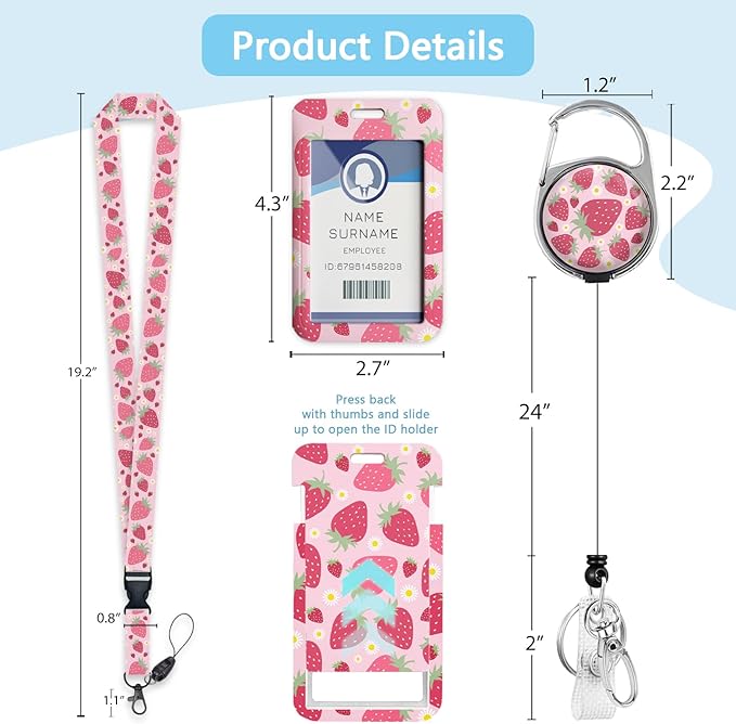 Gctriki Teacher Lanyard with id Holder, Cute Strawberry Lanyard for Keys, Funny Retractable Badge Reel Clip Keychain, Pink Lanyards for ID Badges Holder Nurse Teacher Workers Women Office Gifts