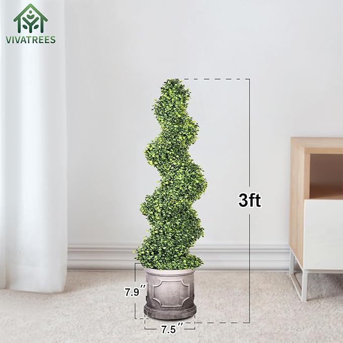 3FT Artificial Spiral Boxwood Topiary Trees with Antique-White Roman-Style Planter - Outdoor&Indoor Year-Round Garden, Porch, Entryway Decor (2 Pack)