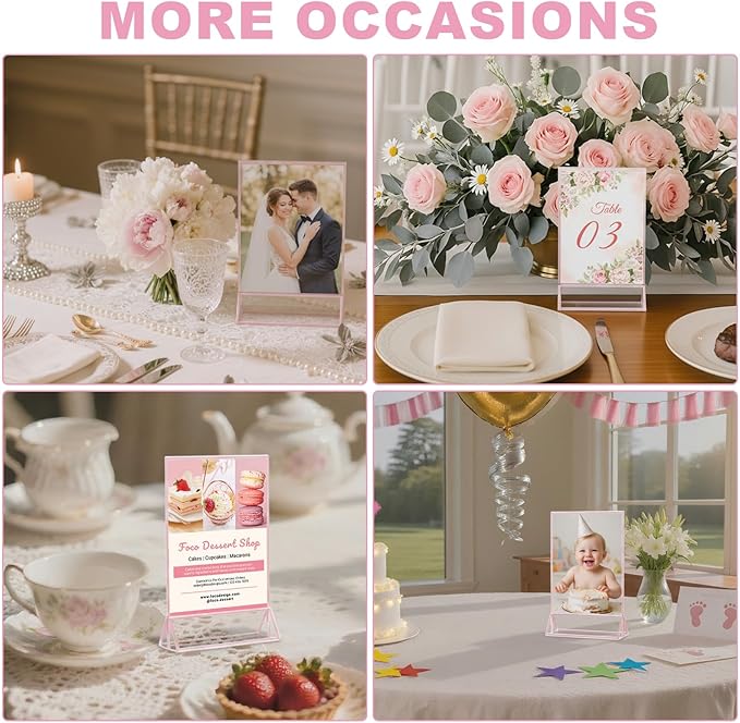 EHWINE 12 Pack Acrylic Sign Holder 5 x 7, Double-Sided Stand up Table Top Sign Holders, Pink Acrylic Picture Frame Menu Flyer Paper Holder Display Stand for Office Business Store Wedding Party