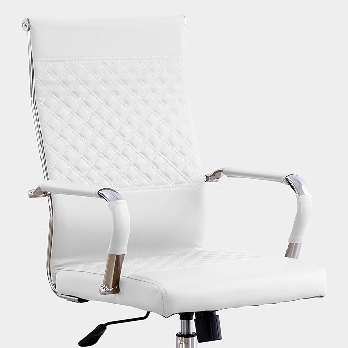Livinia Modern Executive Office Chair with Patterned Back Design, Chrome & Leather Swivel Chair with High Back, Adjustable Height, Removable Armrests, and Wheels for Home Office (White(Chrome))