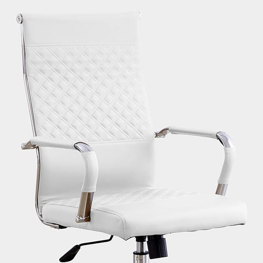 Livinia Modern Executive Office Chair with Patterned Back Design, Chrome & Leather Swivel Chair with High Back, Adjustable Height, Removable Armrests, and Wheels for Home Office (White(Chrome))