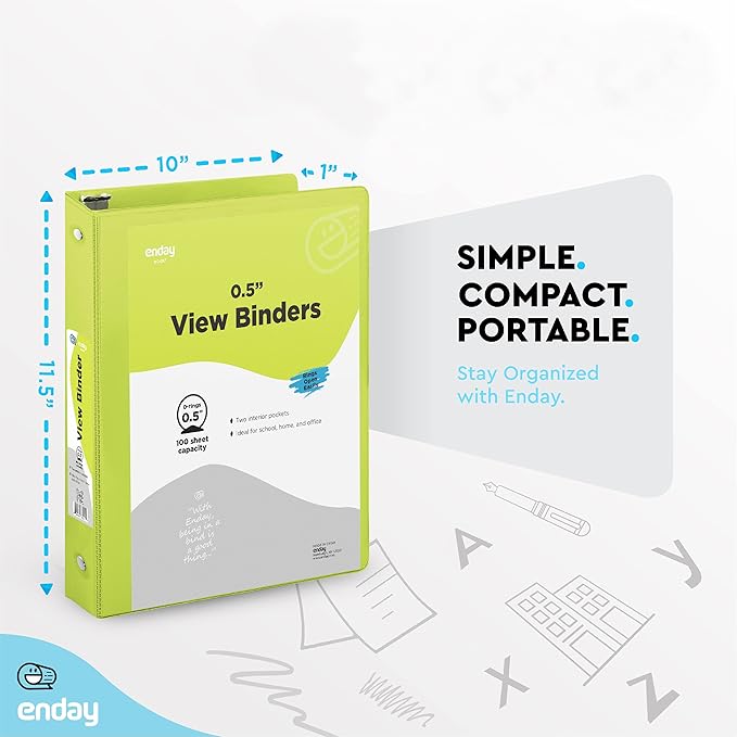 ½ Inch 3 Ring Binder Green, .5 Inch Round Ring Clear View Cover with 2 Inside Pockets Binders, Colored School Supplies Binders, Also Available in Pink, Red, Purple, Blue, and Grey (6 PC) – by Enday