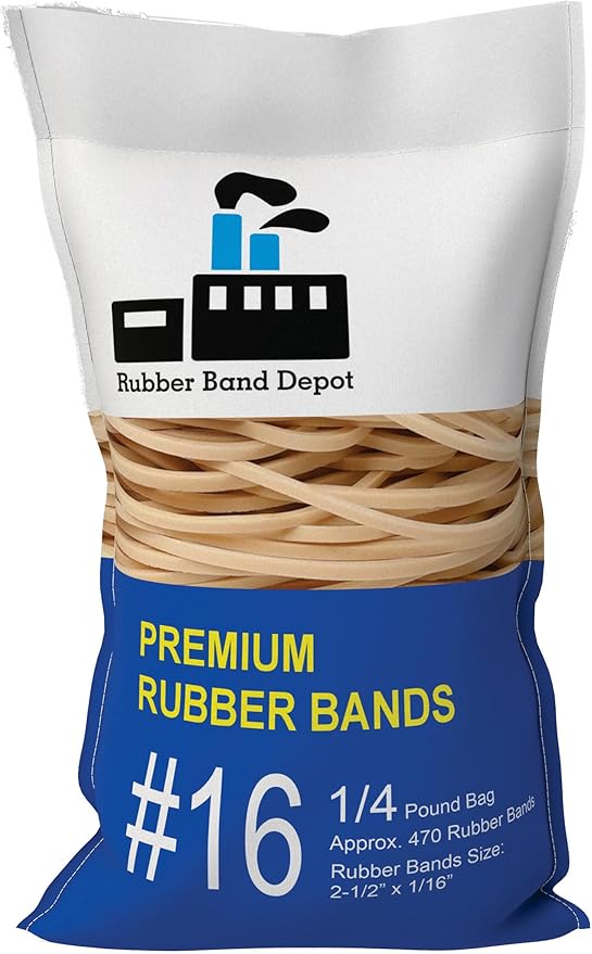2-1/2" x 1/16'' - Size #16 - Rubber Band Depot - Everyday Bands, Business Rubber Bands - Approximately 475 Rubber Bands Per Bag - 1/4 Pound Bag